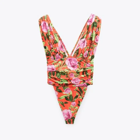 🌞Zara Drape Deep-neck Ruched  Floral Bodysuit Top Floral Sleeveless NWOT - Picture 8 of 16